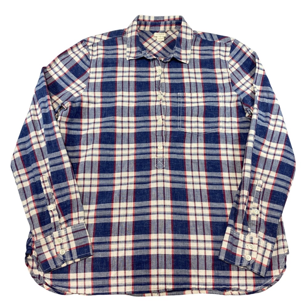 J.Crew Mens Plaid Cotton Popover Shirt Blue Red White‎ Size Medium